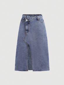SHEIN Falda larga de mezclilla suelta y recta con cintura alta asimétrica y abertura lateral para niña preadolescente - Azul lavado medio - Ver 1