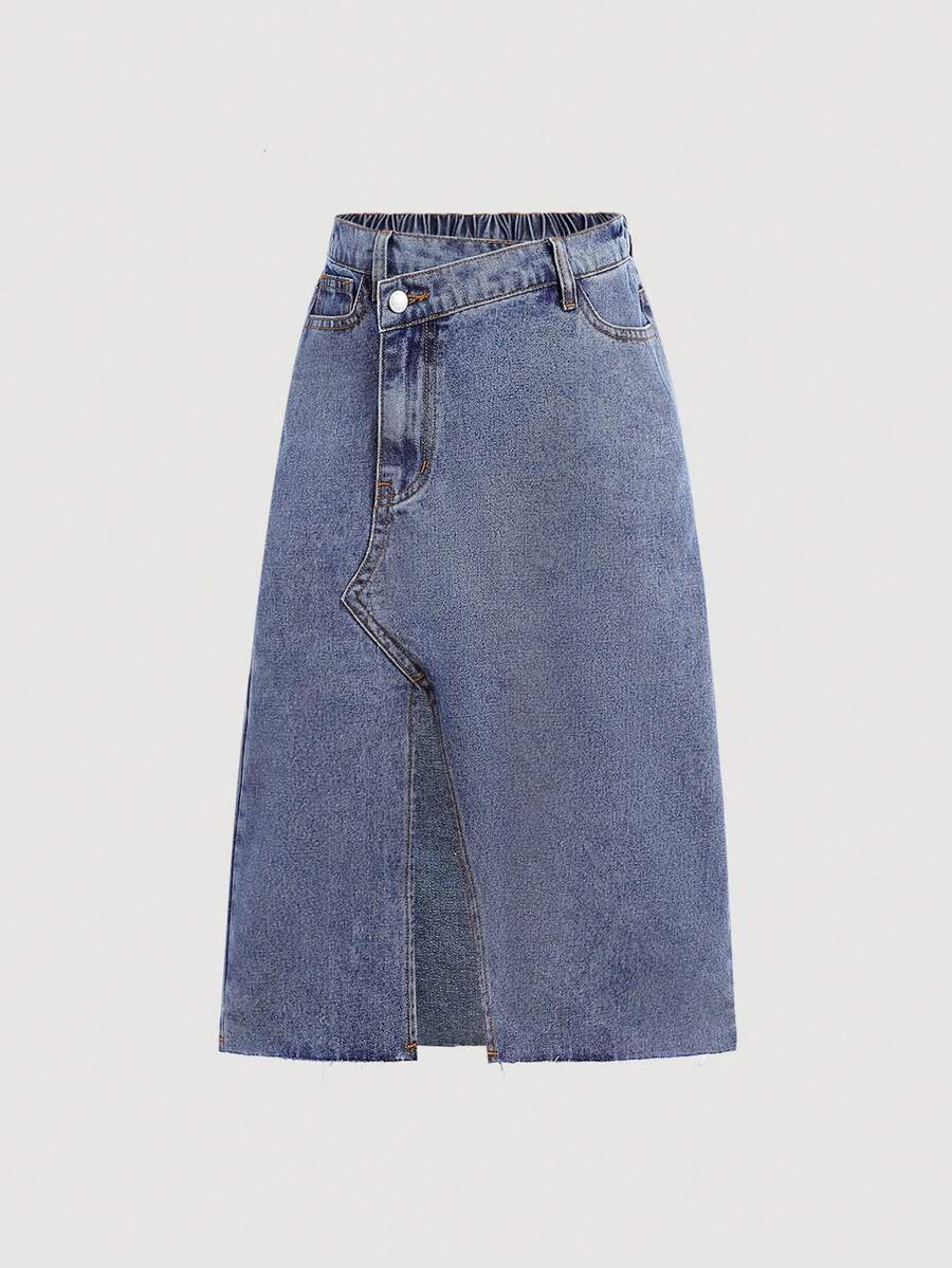 SHEIN Falda larga de mezclilla suelta y recta con cintura alta asimétrica y abertura lateral para niña preadolescente - Azul lavado medio - Ver 1