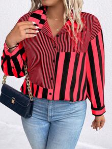SHEIN LUNE Áo sơ mi trễ vai in sọc Plus - Đỏ - Xem 5
