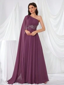 UNITHORSE Asymmetrical Neck Chiffon Dress With Embroidered Sequins And Beads On Waist, Party Dress Wedding Guest Dress Formal Dress Evening Dress,Gown - Red Violet - View 3