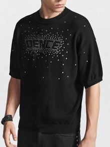 Manfinity EMRG Men's Short Sleeve Knitted Top With Simple Design And Rhinestone Decoration For Daily Wear