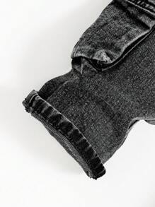 SHEIN Pantalones vaqueros lavados informales con múltiples bolsillos para niño joven - Negro - Ver 5