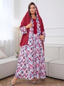 Al Najma Robe imprimée florale Plus avec bordure contrastée et foulard pour l'été