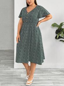 SHEIN Essnce Robe midi verte à fleurs décontractée pour les vacances d'été avec poches et col en V pour femme grande taille, vêtements d'été pour femmes, robe de courbes, vêtements pour enseignants, tenues de plage pour femmes - Bleu azur - Voir 4