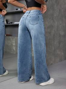 SHEIN ICON 女裝寬鬆V字低腰寬腿牛仔褲帶口袋