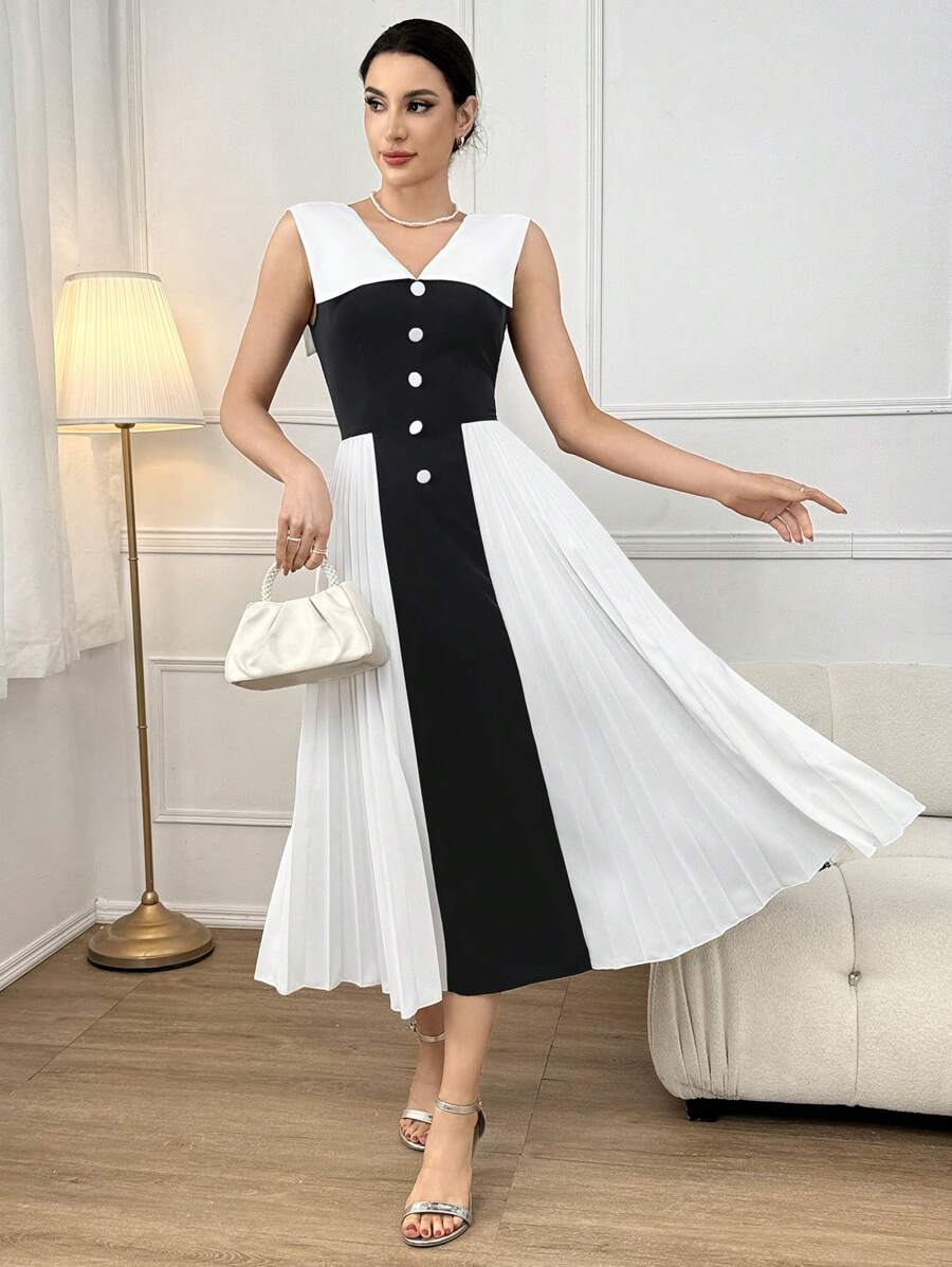 Modelyn Two Tone Pleated Hem Dress For Summer Long Evening Dresses - Black and White - View 1