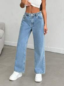 RueChic 女性休閒口袋喇叭牛仔褲，適用於日常外出