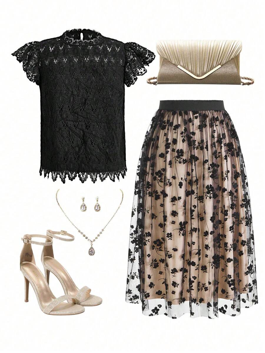 SHEIN Clasi 女士纯色简约日常黑色返校服装秋季女士复古风格教师服装法式衬衫