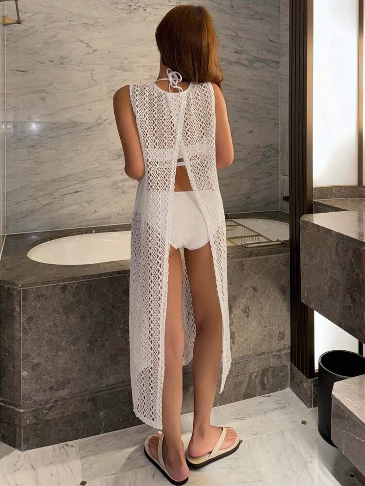 Women's Summer Holiday Cover Up, Open Back Sleeveless Hollow Out Cover Up Sheer Vacation