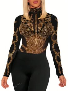 Golden Rhinestone Bodysuit Sexy Sheer Mesh Elegant Bodysuit Women Club Party