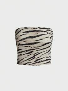 INAWLY Y2K Zebra Printed Short Tube Top, Strapless Regular Fit