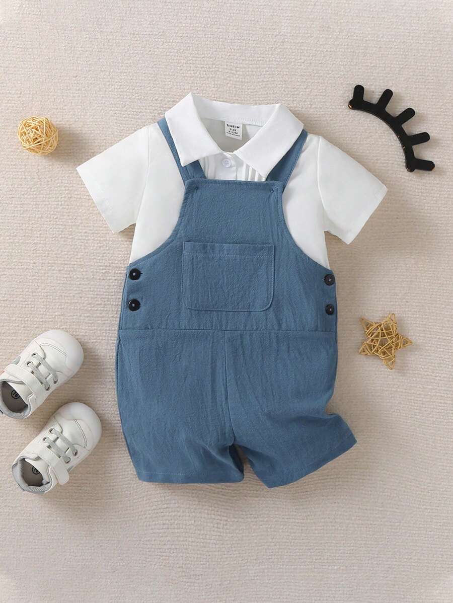 Set de 2 piezas para bebé niño de moda casual de verano con camiseta sin mangas y overol