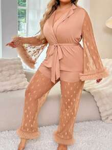 Conjunto de pijama de verano de talla grande con parte superior de manga ancha con cinturón y pantalones, con encaje 3D, malla acolchada con estampado de corazones