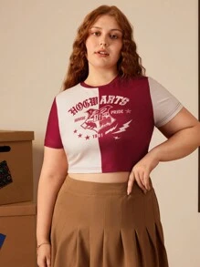HARRY POTTER X SHEIN Camiseta de talla grande casual clásica con bloque de color y diseño de Hogwarts, adecuada para uso diario