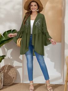 EMERY ROSE Plus Size Women'S Summer Black Cardigan Chiffon And  Lace Splice Ruffle Sleeve Top