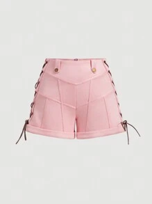 SHEIN MOD 秋季女装，粉色绒面革，侧系带腰带装饰腰部高腰短裤，90 年代，乡村，复古，皮革女式短裤，可爱复古，， - 粉色 - 查看 1