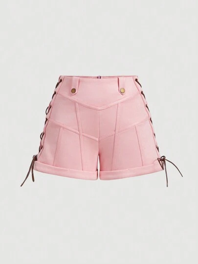 SHEIN MOD Höst Kvinnor Outfits, Rosa Mocka , Side Tie Bälte Dekorerad Midja High Waist Shorts ,90-tal, Country, Vintage, Läder Dam Shorts , Söt Retro, ,