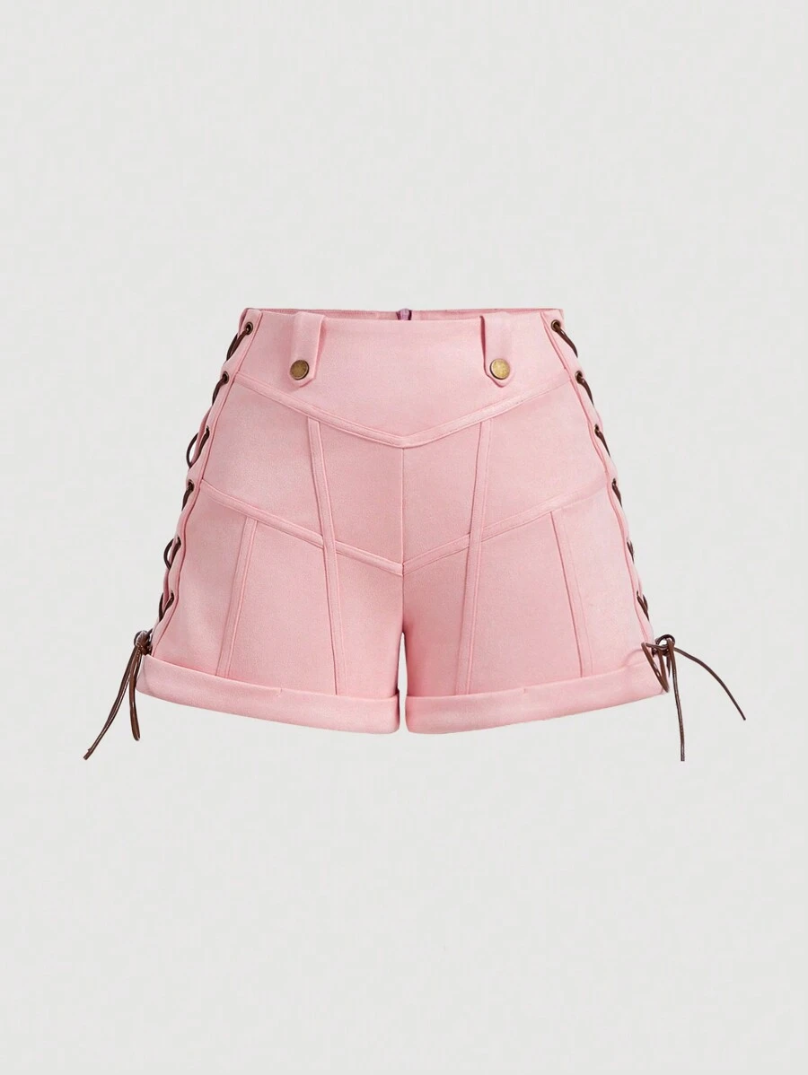 SHEIN MOD 秋季女装，粉色绒面革，侧系带腰带装饰腰部高腰短裤，90 年代，乡村，复古，皮革女式短裤，可爱复古，， - 粉色 - 查看 1