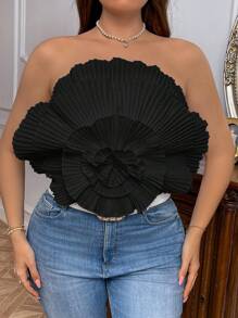 SHEIN Privé Plus Size Exquisite Pleated Tight Fit Women's Top For Spring/Summer Vacation, Date Night Or Beach Party - Black - View 7