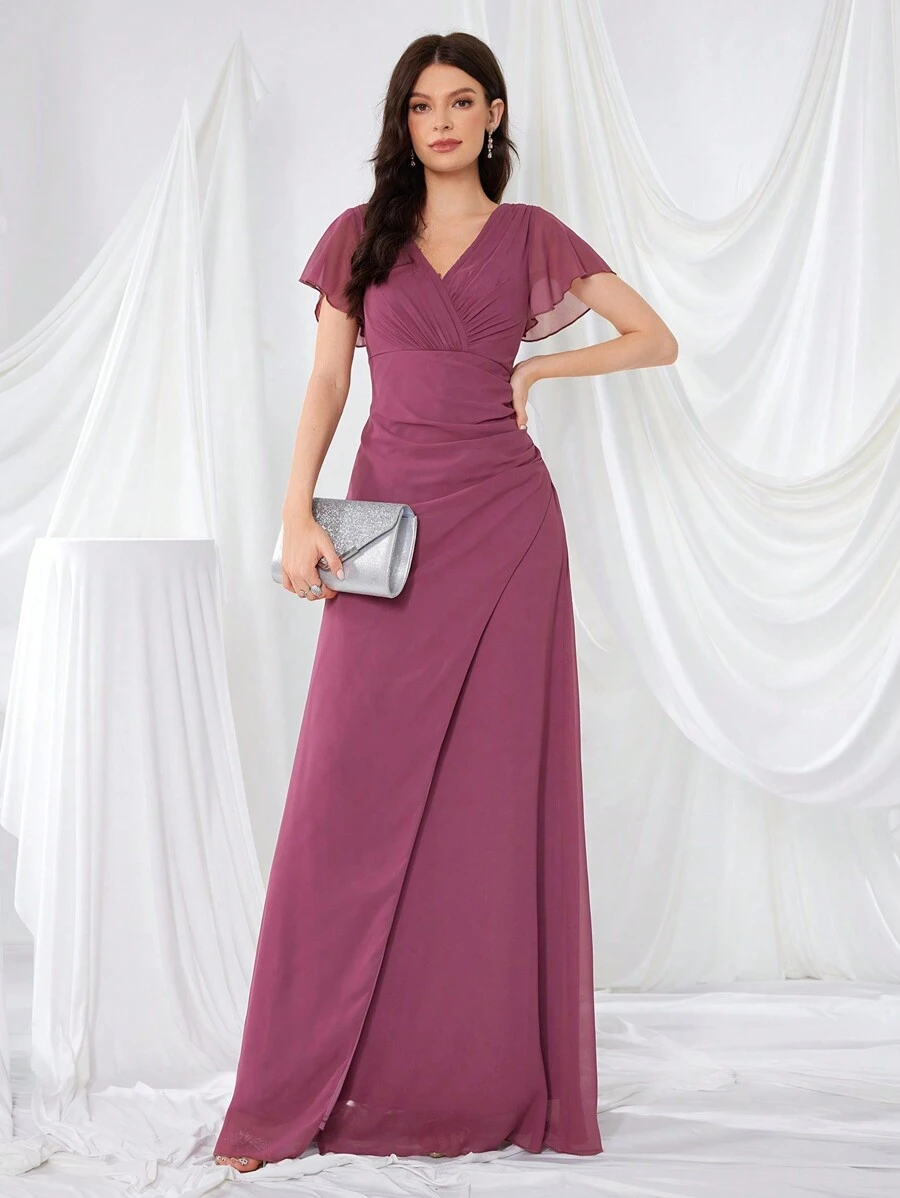 Front And Back Deep V-Neck Chiffon Dress With Ruffled Sleeves And Pleats, High Slit Elegant Cocktail Dress, Bridesmaid Dress - Red Violet - View 1