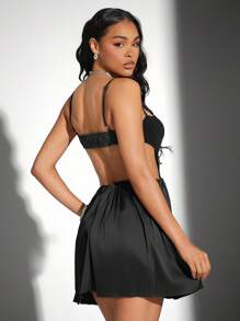 Hauture Women's Open Back Pleated Mini Cami Dress - Black - View 2