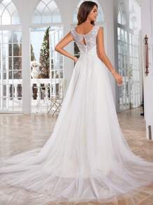 Của phụ nữ Không tay Vòng cổ Lưới trong suốt Váy dự tiệc - Màu be - Xem 2