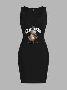 Slaydiva Vestido de tirantes ajustado informal con estampado de letras y cigarrillos para mujer, verano - Negro - Ver 2