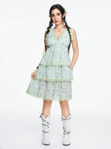 ROMWE Fairycore 小花印花鏤空花邊系帶雙肩無袖裙，適合夏季度假 - 綠色 - 查看 2