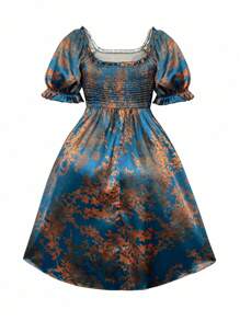 Celure 夏季加花印花帶蓬蓬袖和荷葉邊修飾的洋裝