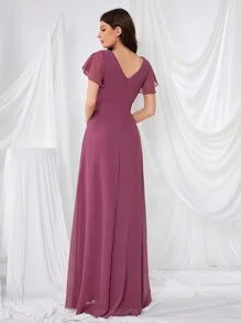 Front And Back Deep V-Neck Chiffon Dress With Ruffled Sleeves And Pleats, High Slit Elegant Cocktail Dress, Bridesmaid Dress - Red Violet - View 2