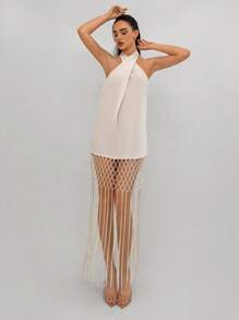 Aloruh Ladies' Apricot Sleeveless Fringed Hem Dress - Apricot - View 2