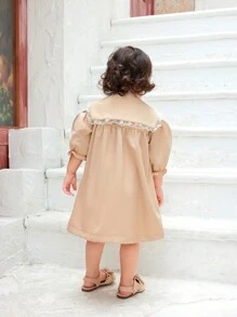 SHEIN Baby Girls' Retro Embroidered Dress With Bow Decoration - Apricot - View 2