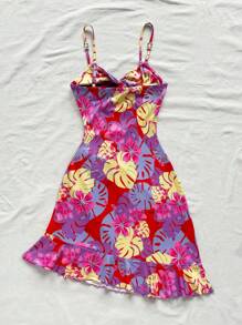 Soleia Vestido corto ajustado asimétrico con dobladillo de volantes y estampado tropical azul para mujeres con patrón floral rojo, perfecto para vacaciones y verano - Multicolor - Ver 2