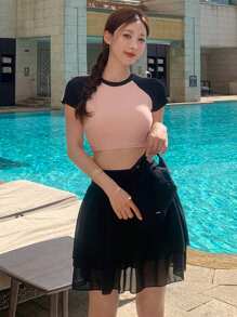 DAZY 女士撞色拼接泳衣上装和泳裤，夏季沙滩度假套装 - 彩色 - 查看 2