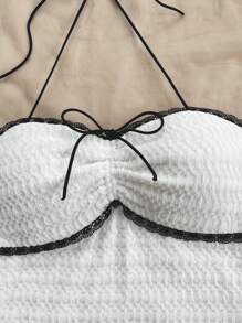 Soleia 白色針織紋理彈性帶蕾絲浪漫休閒度假女裝連衣裙，夏季裙子