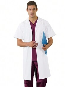 Unisex Loose Short Sleeve Mid-Length White Lab Coat
