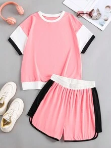 INAWLY Conjunto de ropa sencilla de diario para mujer de talla grande con blusa de manga corta y pantalones cortos de color bloqueado - Multicolor - Ver 6