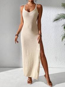 女士夏季沙滩度假连衣裙，纯色简约日常穿着，3D立体花卉装饰交叉系带宽松连衣裙 - 杏色 - 查看 8