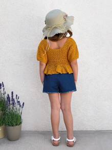 SHEIN Young Girl Flower Pattern Square Neck Sunflower Crochet Cropped Cover Ups