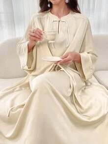 Al Najma Đầm dài tay cánh dơi màu trơn thanh lịch có khuy dành cho nữ, mùa hè - Rượu sâm banh - Xem 2