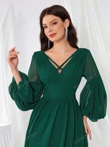 UNITHORSE Front And Back V-Neck Bell Sleeve Lantern Dress Formal Dress Bridesmaid Dress