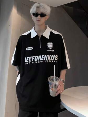 Manfinity Dauomo 男士夏季拉鍊半門襟短袖休閒通勤字母印花 Polo 衫