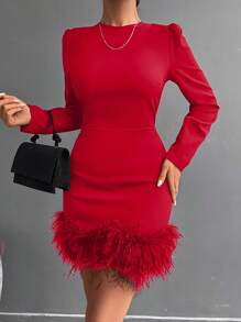 EURMUSE Women's Puff Long Sleeve Fuzzy Hemline Dress - Red - View 2
