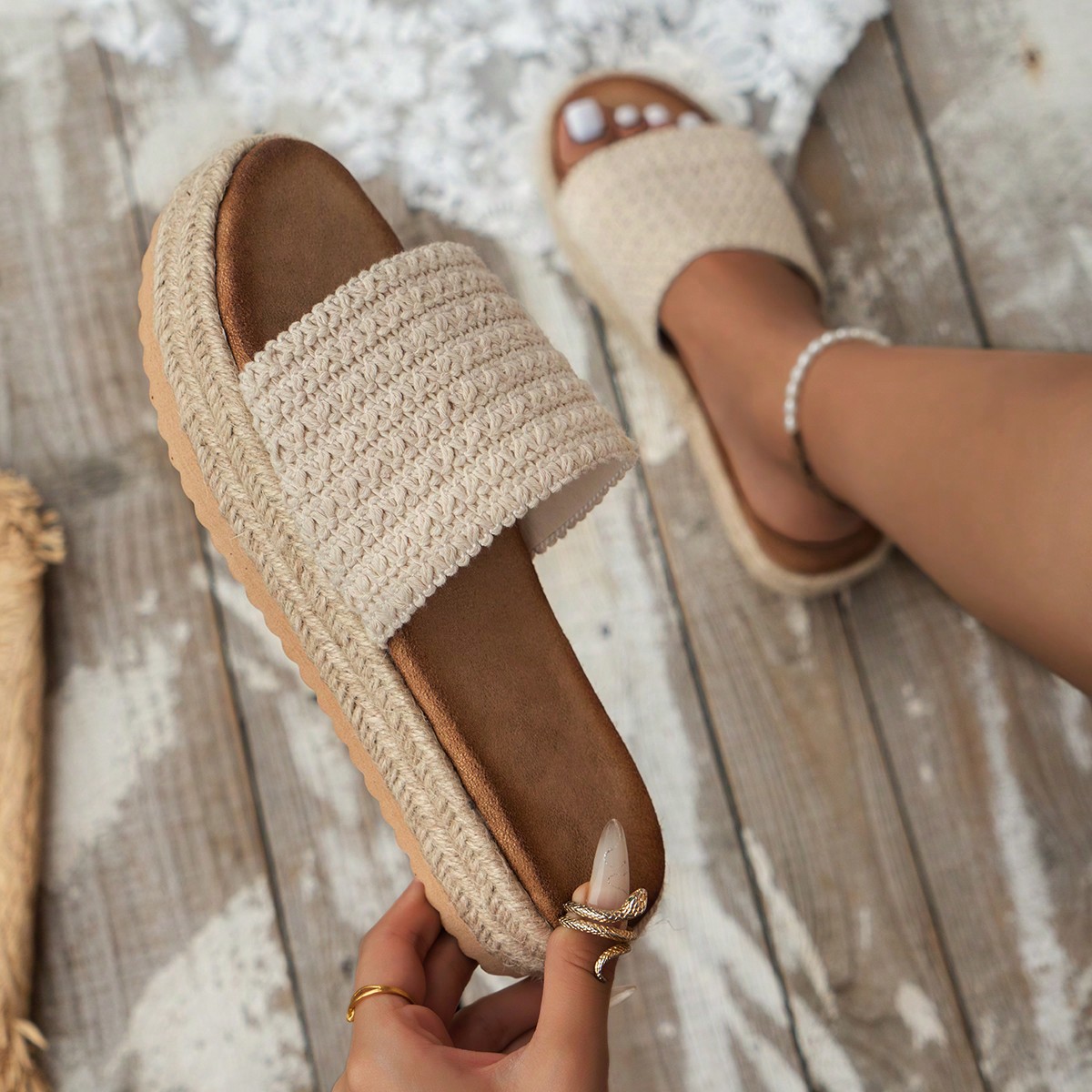 Sandalias de cuña ligeras y cómodas para mujer con correa de malla hecha a mano y suela de yute