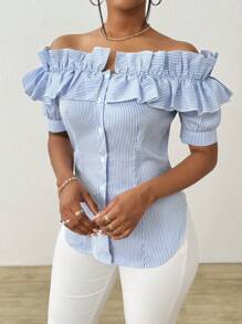 Chiquease 条纹露肩荷叶边饰纽扣前开襟女式衬衫 - 藍白色 - 查看 5