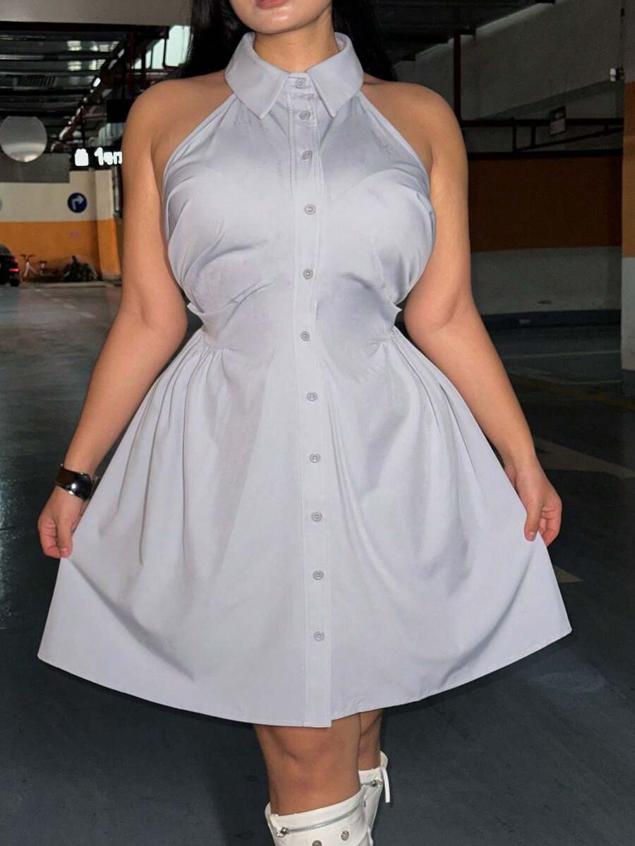 Flirla Đầm cổ dây có nút phía trước cho mùa hè - Màu xanh lam - Xem 1