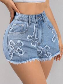 SHEIN ICON Cross Patch Women's Pockets Denim Shorts - Light Wash - View 8