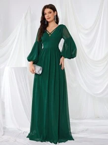 UNITHORSE Front And Back V-Neck Bell Sleeve Lantern Dress Formal Dress Bridesmaid Dress