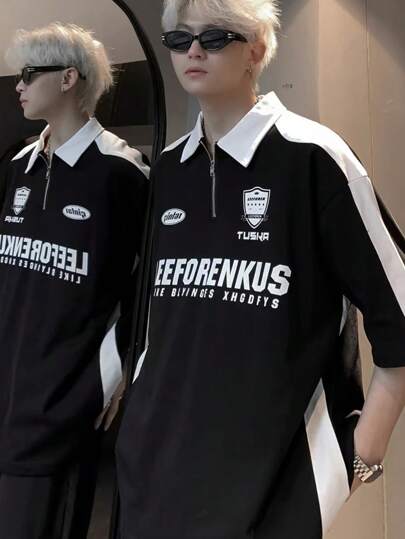 Manfinity Dauomo 男士夏季拉鍊半門襟短袖休閒通勤字母印花 Polo 衫