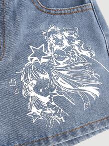 SHEIN Tween-Mädchen Y2K Sommer Lässig Cartoon bedruckte Washed weite Denim Shorts, Schuluniform - Mittele Waschung - Übersicht 4